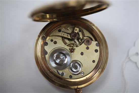 A late 19th/early 20th century continental 14ct gold hunter keyless lever pocket watch,